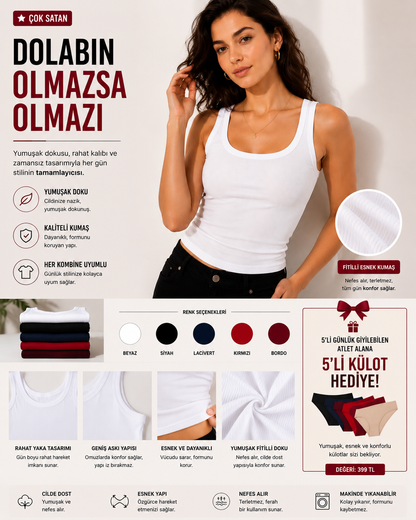Kadın Fitilli Basic Atlet | Yumuşak Dokulu & Esnek